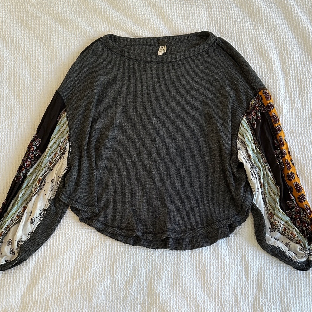 We the free Gray Top with Patterned Sleeves